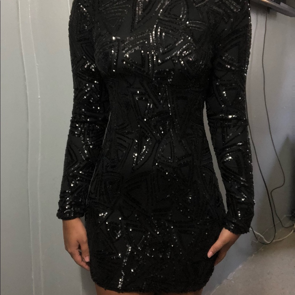 Black Long Sleeve Sequin Shiny Dress